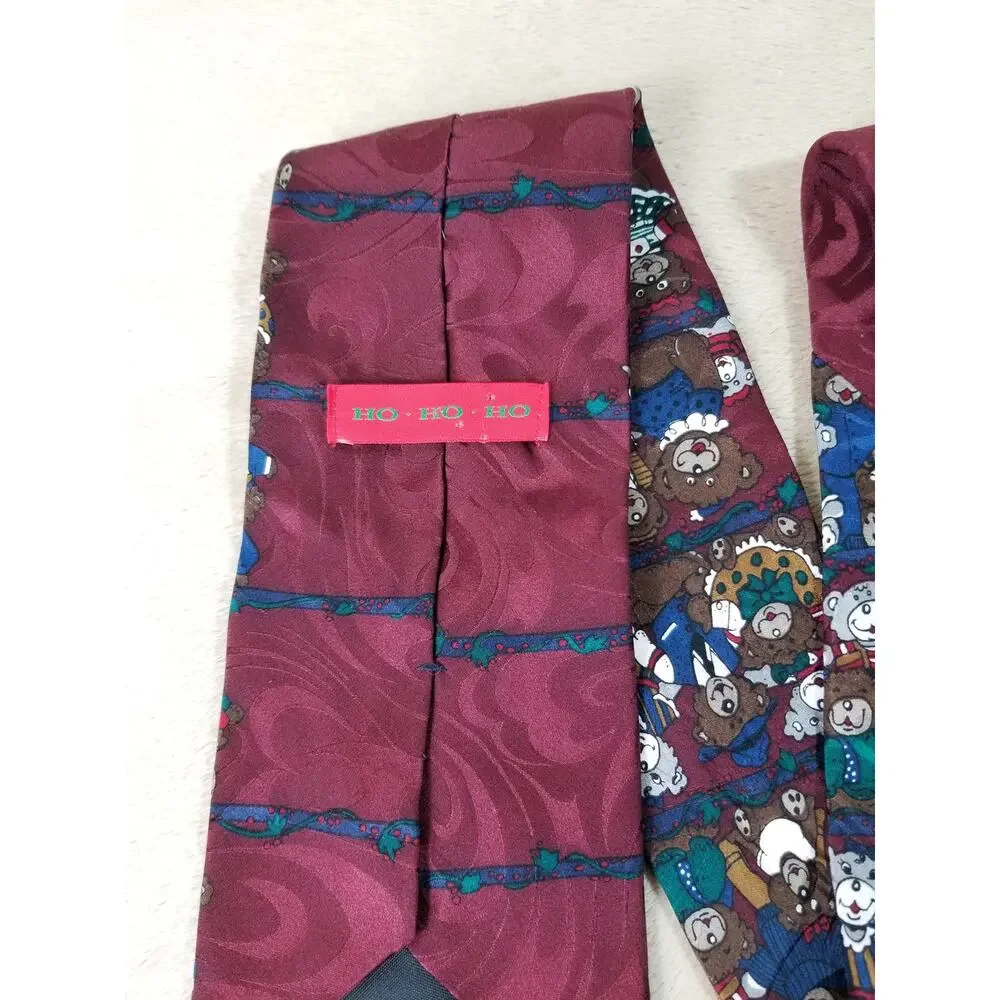 Ho Ho Ho Men Tie Christmas Teddy Bear Burgundy Silk Holidays Vintage Collectible